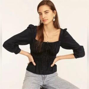 J.Crew Cinched Waist Puff Sleeve Black Cotton Blouse Size 8